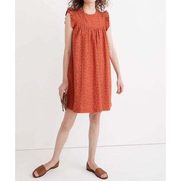 Madewell Eyelet Ruffle-Sleeve Mini Dress in Fresh Chili, Size XS - Picture 3 of 16